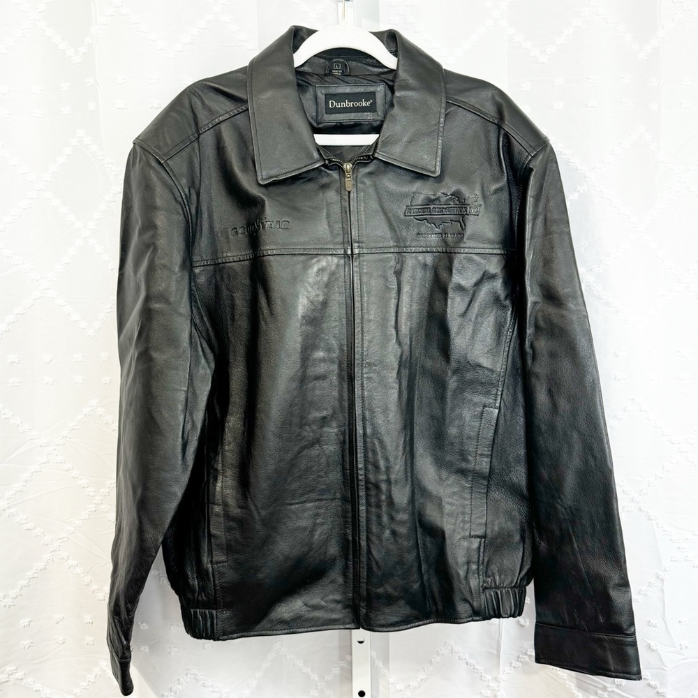 🪩 225. DUNBROOKE Mens Black leather jacket “Goodyear National Belt Service”
